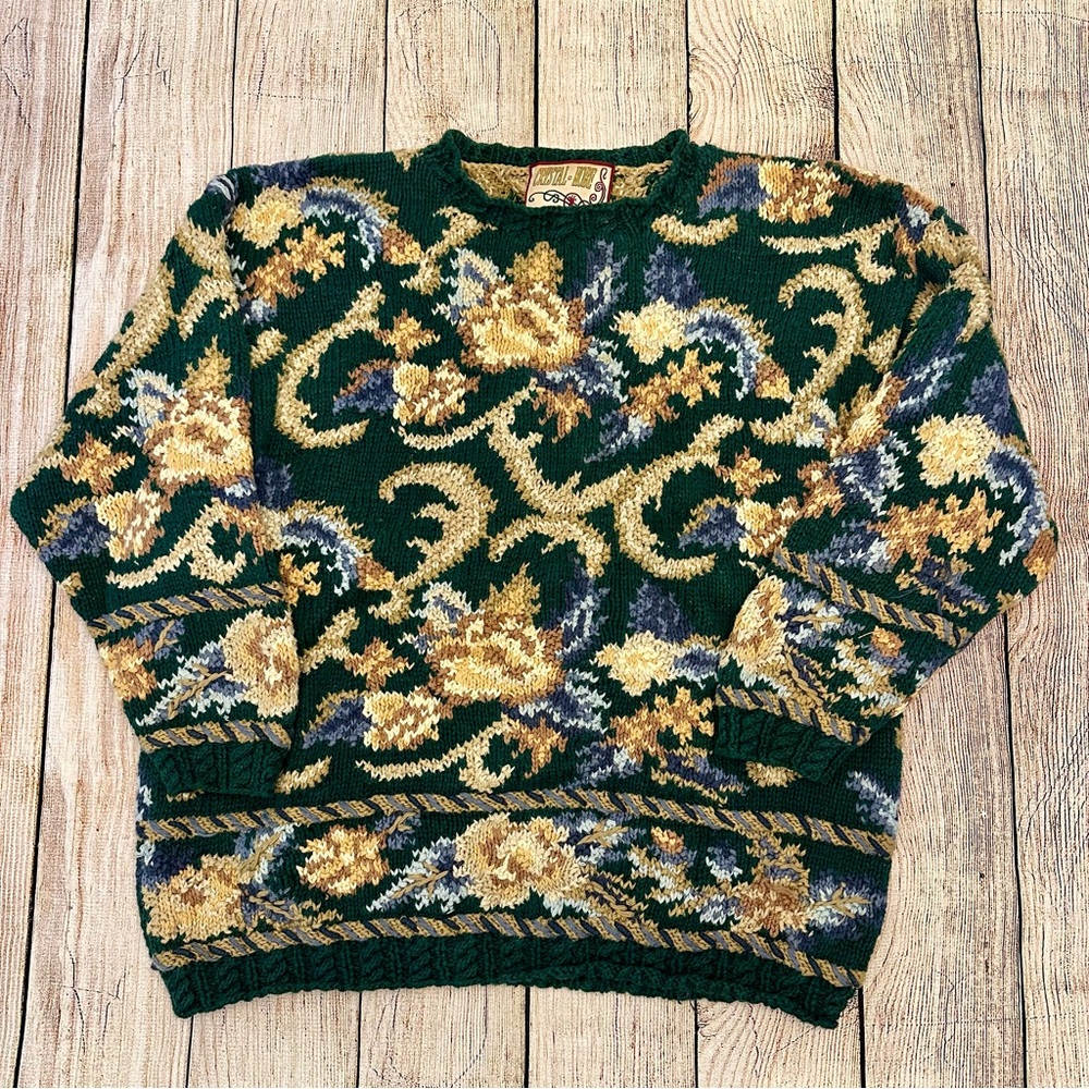 Vintage Chunky Knit Sweater Size Large Floral Green 90s Ramie Cotton Cottagecore